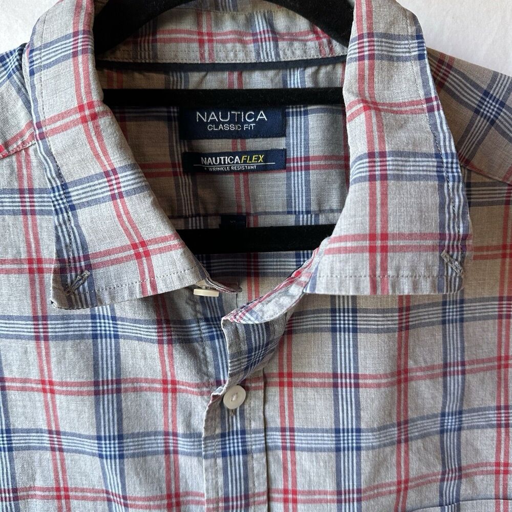 Nautica Shirt MEN’s Sz. XL Gray Plaid Classic-Fit Flex Wrinkle Resistant LS